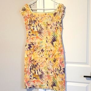 Joseph Ribkroff, size 12,  yellow gold and ruffled, fitted and comfortable